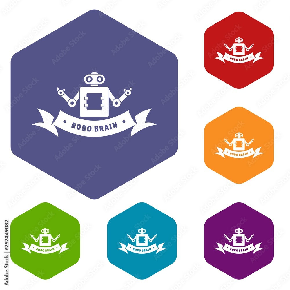Poster robot brain icons vector colorful hexahedron set collection isolated on white