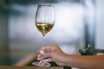 Closeup image of a woman's hand holding a wine glass with blurred background