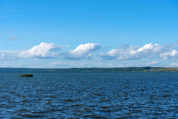 Summer view of Lake Pleshcheyevo, sunny summer day. Blue sky. Pereslavl-Zalessky, Yaroslavl region, Russia.