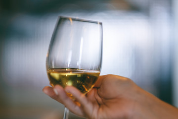 Closeup image of a woman's hand holding a wine glass with blurred background