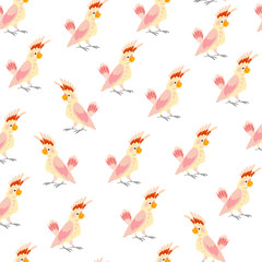 Vector flat seamless pattern with hand drawn tropical parrot birds isolated on white background. Good for packaging paper, cards, wallpapers, gift tags, nursery decor etc.