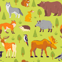 Vector flat seamless pattern with wild forest animals, birds and trees isolated on green background. Bear, wolf, hedgehog, fox. Good for packaging paper, cards, wallpaper, gift tags, nursery decor etc