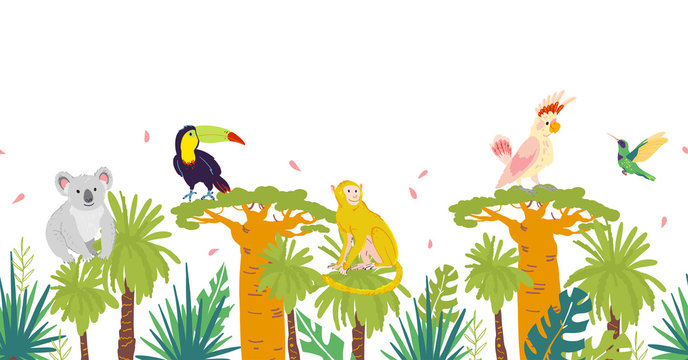 Vector flat tropical seamless pattern with hand drawn jungle trees and elements, koala, monkey animals, parrot, toucan birds isolated. For packaging paper, cards, wallpapers, gift tags, nursery decor.