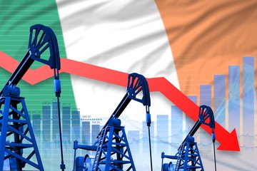 lowering, falling graph on Ireland flag background - industrial illustration of Ireland oil industry or market concept. 3D Illustration