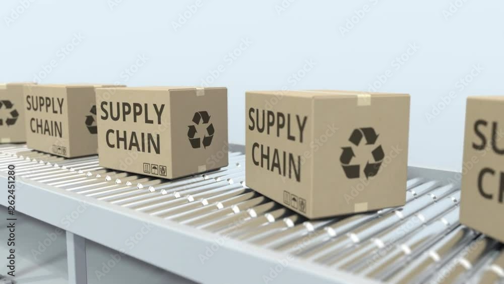 Poster boxes with supply chain text on roller conveyor. loopable 3d animation