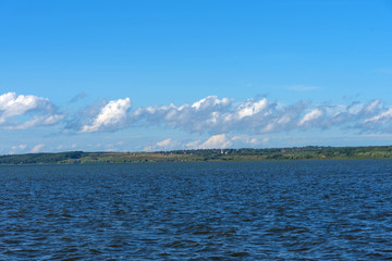 Summer view of Lake Pleshcheyevo, sunny summer day. Blue sky. Pereslavl-Zalessky, Yaroslavl region, Russia.