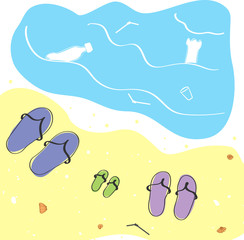 Family on vacation. Polluted beach, plastic bottles in the sea. Ecology problems, vector illustration