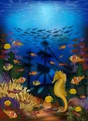 Underwater wallpaper with sea horse and sunken ship, vector illustration