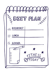 Cartoon illustration of nutrition plan. Hand drawn diet plan in doodle style for breakfast, lunch and dinner. Healthy meal concept for weight loss, calories count, fitness today.