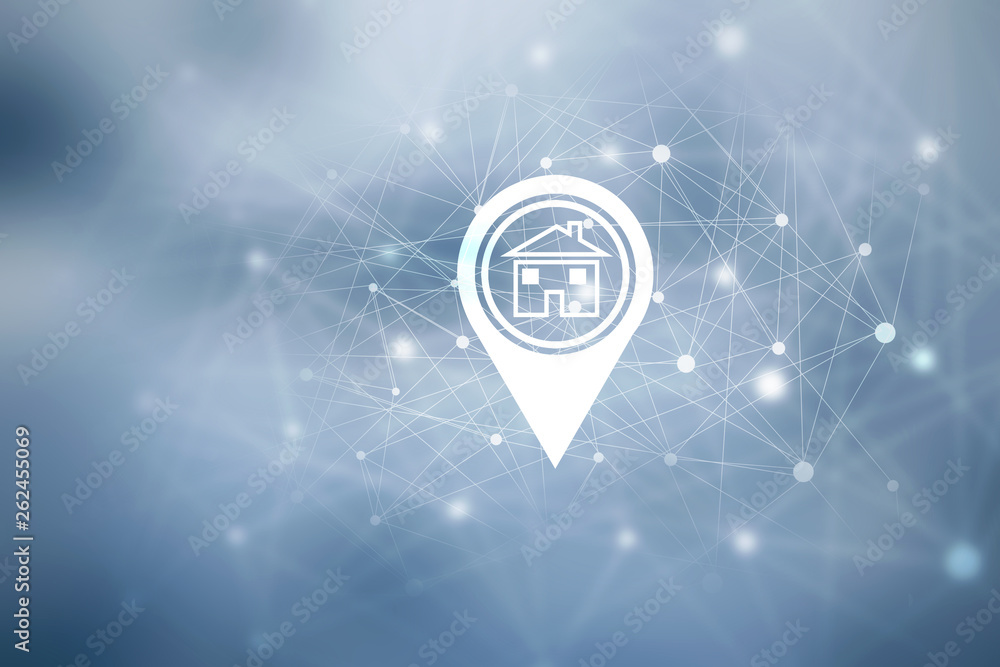 Aufkleber 2d illustration search for property.a map with large red gps pointer containing