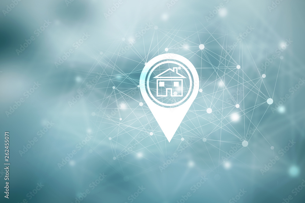 Aufkleber 2d illustration search for property.a map with large red gps pointer containing