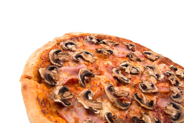 Fragment of fresh pizza with bacon and mushrooms