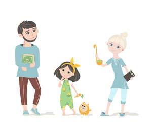 Happy friendly family. Mom, dad and daughter with little dog. Young blonde woman with gadget and ladle. Men with a book.Smiling girl with a carrot.