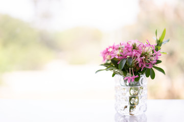 Small beautiful fresh vivid pink flowers in a clear glass vase on the table with copy space and blurred background. Love concept. Decoration concept.