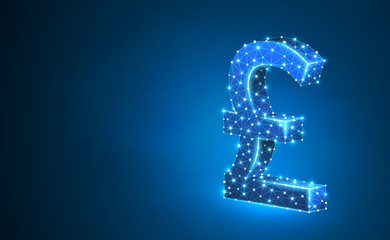 Pound currency sign, digital neon 3d illustration. Polygonal Vector British money symbol. Business, data cash, finance concept. Low poly wireframe, triangle, lines, dots, polygons. Blue background