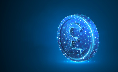 British Pound currency. Golden Coin 3d illustration. Neon Polygonal Vector business, money, finance, cash, circle concept. Low poly wireframe, triangle, lines, dots, polygons. Blue background