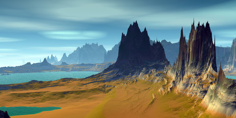 Alien Planet. Mountain and  sky. 3D rendering