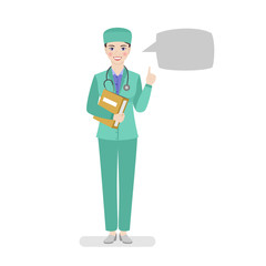 A female doctor in green workwear is standing with a booklet in her hands giving recommendations. Flat vector illustration on white background.