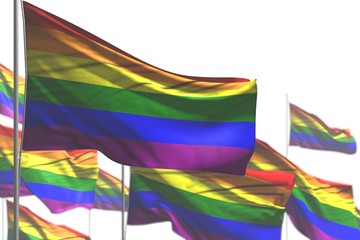 cute any feast flag 3d illustration. - many Gay Pride flags are wave isolated on white - image with selective focus