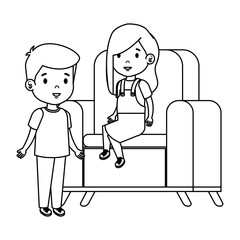 little kids couple sitting in sofa