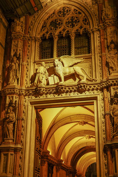 Venice, Italy: Porta Della Carta, Doge's Palace, Statues Of Doge Francesco Foscari And The Winged Lion