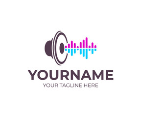 Music, sound speaker with sound waves, logo design. Musical, woofer, subwoofer and loudspeaker, vector design and illustration
