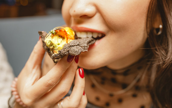 Young Beauty Woman Eating Spanish Traditional Tapas Snack