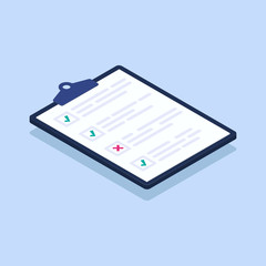 Isometric checklist vector illustration. Pad with sheets of paper and a list of tasks with checkboxes that are checked with with green tick and red crosses.