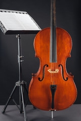classic wooden double bass near opened music book on stand on black background