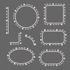 Set of pearl frames isolated on gray background. Vector borders and corners. Cream pearls.