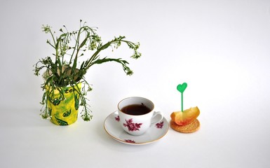 Thyme herbal tea, view from above, space for a text