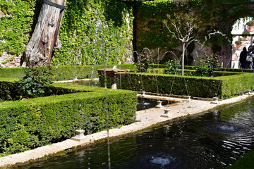 Fototapeta na wymiar Fountains in the Water Garden Courtyard of the Generalife Palace of the Alhambra, Granada, Spain