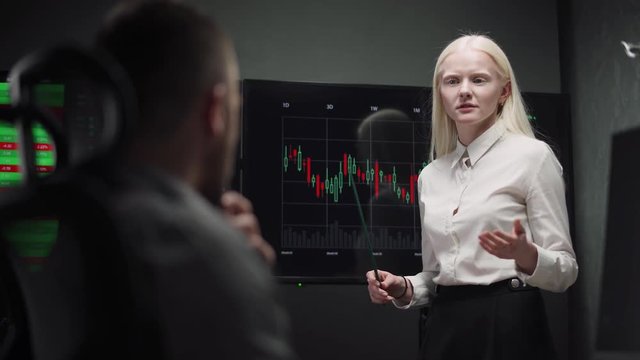 Business and finance, man and woman business analysts in the office, albino woman presents a financial report, financial trading monitors graphics on background.