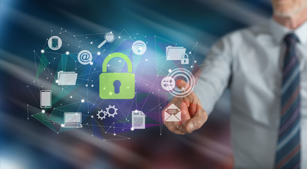 Man touching a network safety concept