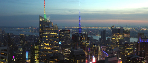 New York, Usa:Aerial view of Manhattan midtown and downtown skyscrapers ar sunset and dusk time