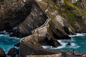 San Juan de Gaztelugatxe, its medieval stairs and bridge at sunrise, Basque Country, Spain