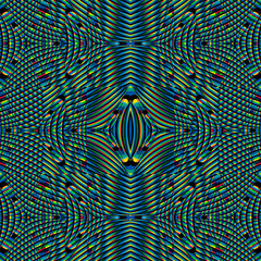 Color seamless pattern with hypnotic trance texture. Multicolored glitched background. Op art unique bright kaleidoscope. Psychedelic trippy art.
