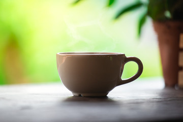 A cup of coffee in breakfast with natural coffee shop, beverage in relax time