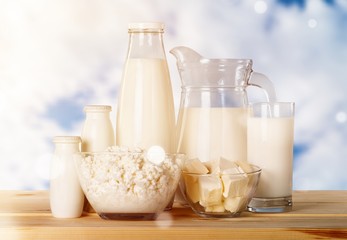 Dairy products on wooden table