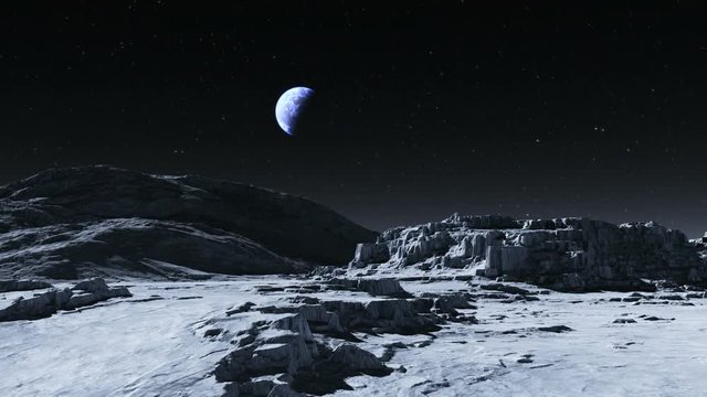 Flight over the surface of the moon. Earth over the Moon's horizon. 3d animation