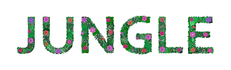 Inscription JUNGLE made of flowers, branches and leaves. Floral spring alphabet. Set of letters on a white background. Protection of Nature. Vector.