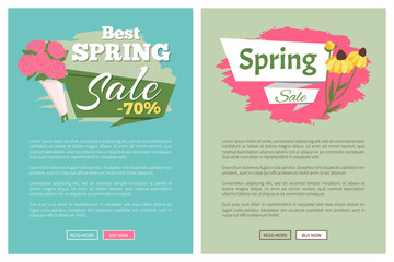 Fototapeta na wymiar Sale, discount and best offer, label for springtime promotion and advertising, daisy bouquet. Advertisement decorated by flowers, greeting for ladies vector. Website with links buy and read now