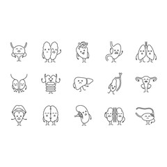 Sad human internal organs characters linear icons set