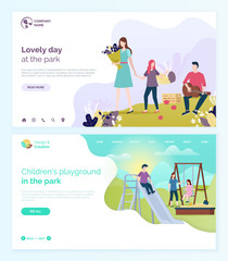 Lovely day in park vector, children playground kids playing with mother. Boy and girl on swings, sandbox with shovel and bucket for castles making. Website or webpage template, landing page flat style