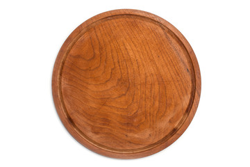 Plato de madera redondo sobre un fondo blanco aislado. Vista superior