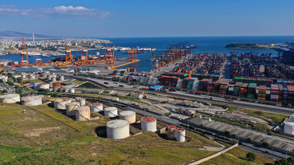 Aerial drone photo of industrial container terminal in commercial port of Piraeus, Perama, Attica,...