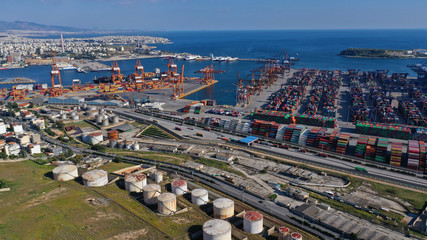 Aerial drone photo of industrial container terminal in commercial port of Piraeus, Perama, Attica, Greece