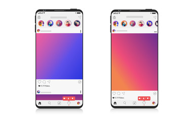 New Mock up set of social network on Smartphone, mobile realistic style. Flat design Photo frame vector illustration en white background. Style Colour and profile.