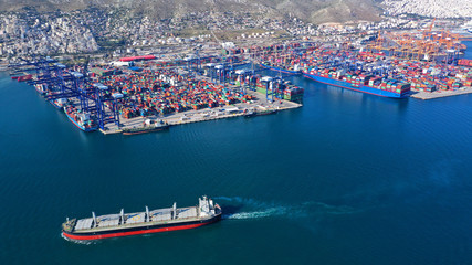 Aerial drone photo of industrial container terminal in commercial port of Piraeus, Perama, Attica,...