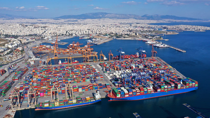 Aerial drone photo of industrial container terminal in commercial port of Piraeus, Perama, Attica,...
